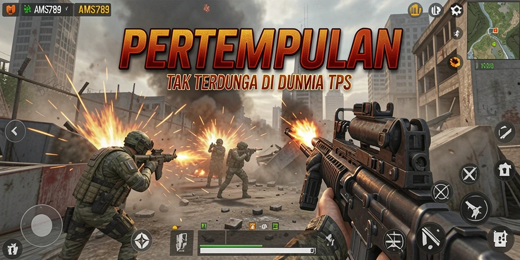 Tangkapan layar utama AMS789 menampilkan momen aksi intens dalam pertempuran TPS.