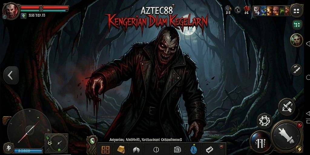 Tampilan gameplay menyeramkan di AZTEC88 dengan suasana kegelapan yang mendalam.