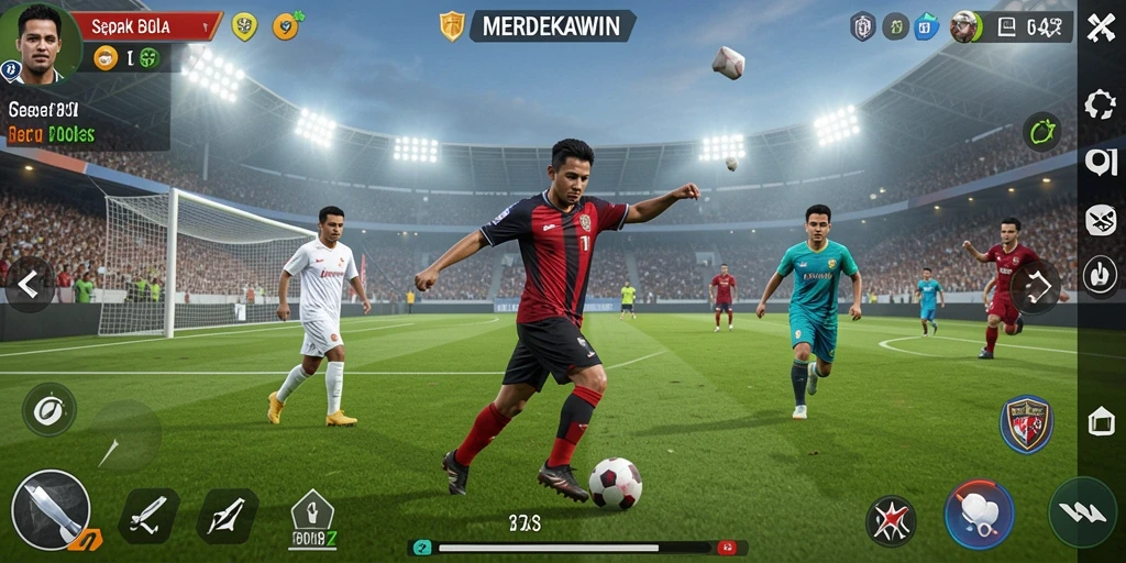 Tampilan gameplay menarik dalam MERDEKAWIN yang menggambarkan aksi sepak bola.