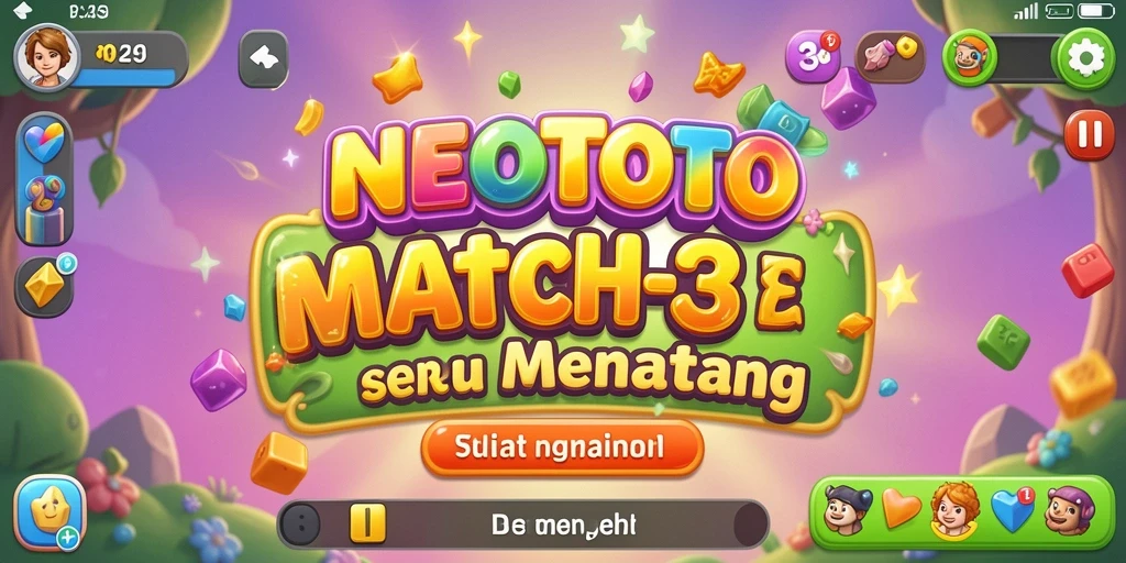 Tampilan gameplay NEOTOTO dengan objek berwarna cerah dan efek menarik.