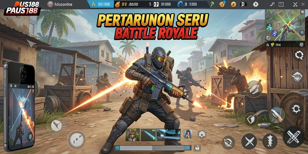 Tangkapan layar utama PAUS188 menampilkan aksi Battle Royale yang mendebarkan.
