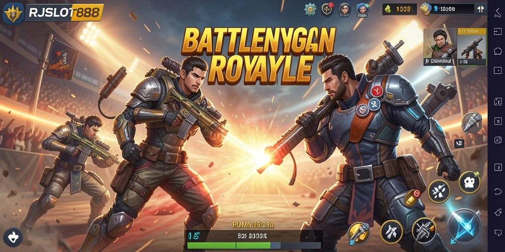 Screenshot RJSLOT88 menampilkan aksi pertarungan intens dalam mode Battle Royale.