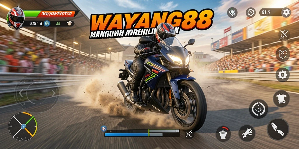 Screenshot utama WAYANG88 menampilkan aksi balapan motor yang menegangkan di jalanan.