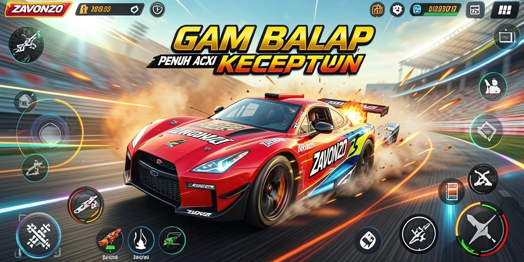 Tangkapan layar ZAVONZO menunjukkan aksi balap yang mendebarkan dan intens.